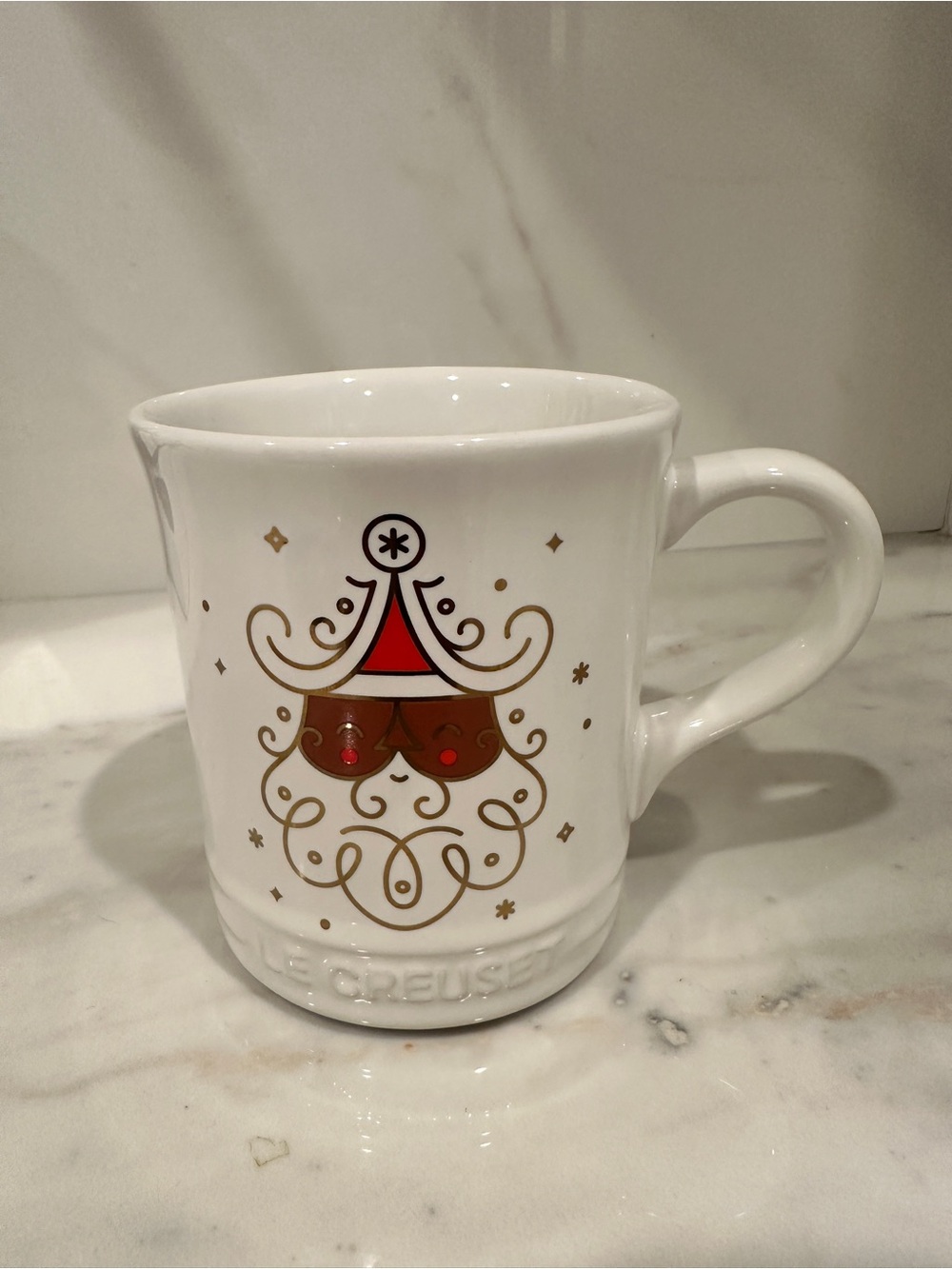 NWOT Le Creuset Holiday White Mug with Red and Gold Santa Face - Picture 3 of 8